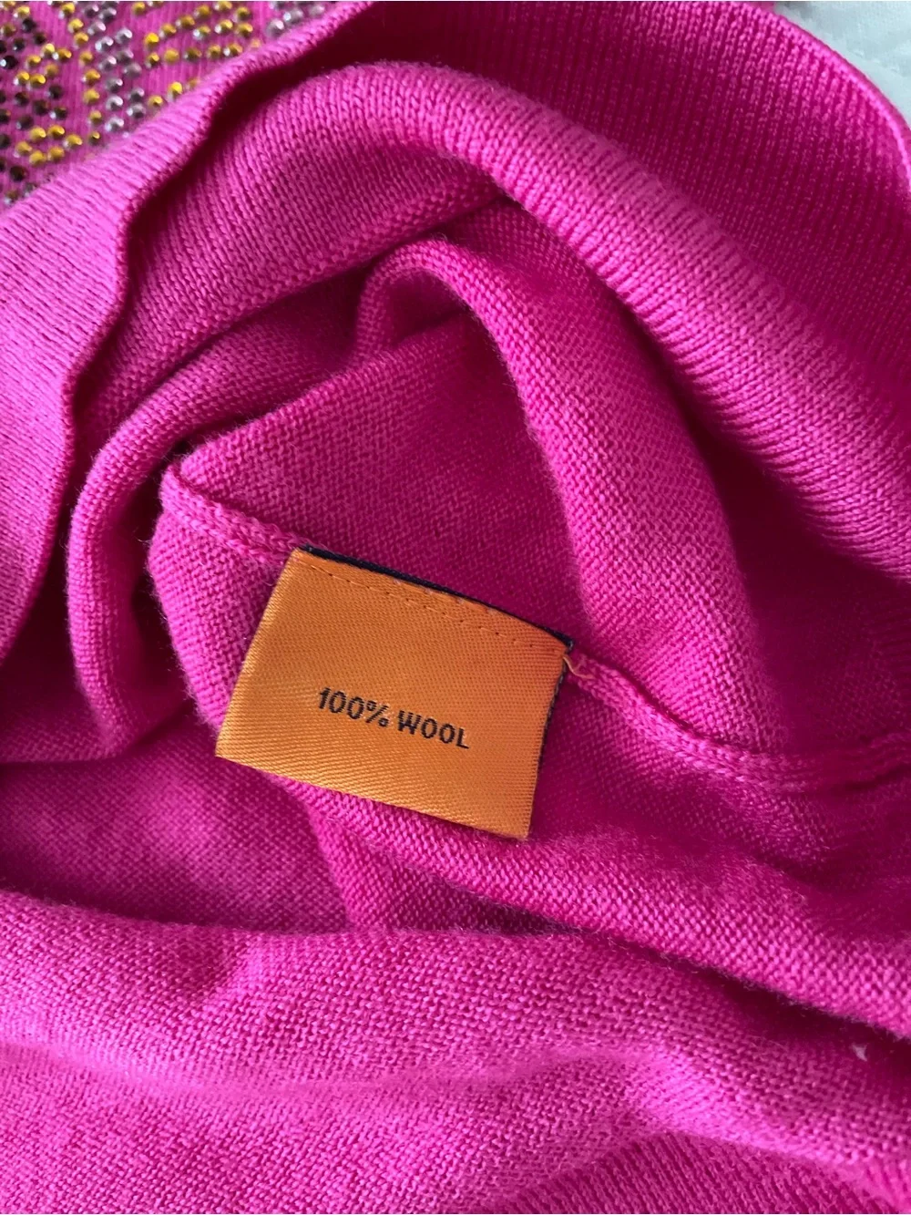 Tory Burch Vibrant Pink Jeweled Embellished 100% WOOL Crewneck Sweater FLAW XS